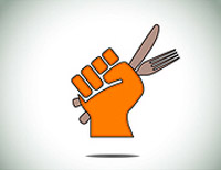 orange fist holding knife and fork